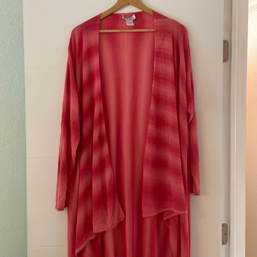 Amazing Long Line Boho Lightweight Open Duster Red Ombre Shade Relaxed Fit Sz 3X
